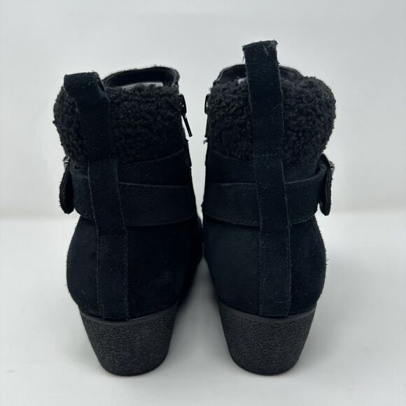 Lands End Womens Black Suede Booties 10W Fleece Lined Ankle Boots Side Buckle - Picture 5 of 13